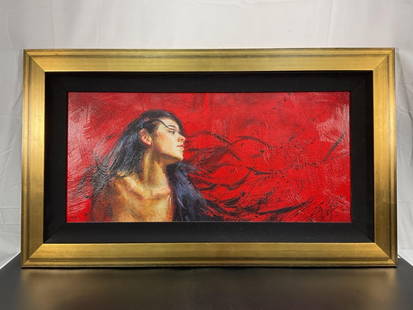 Henry Asencio "Whisper" -Signed, Limited Edition 127/195 Mixed Media on Canvas: This artwork, titled Whisper, is a limited edition mixed media fine art print by renowned contemporary figurative artist Henry Asencio. The piece showcases a striking female portrait set against a bol