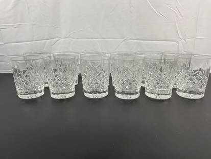 Set of Waterford Crystal Double Old Fashioned (DOF) Glasses: This set of Waterford crystal double old fashioned (DOF) glasses features the brand's signature cut-glass pattern, likely from the Lismore collection, which is one of Waterford's most recognizable and