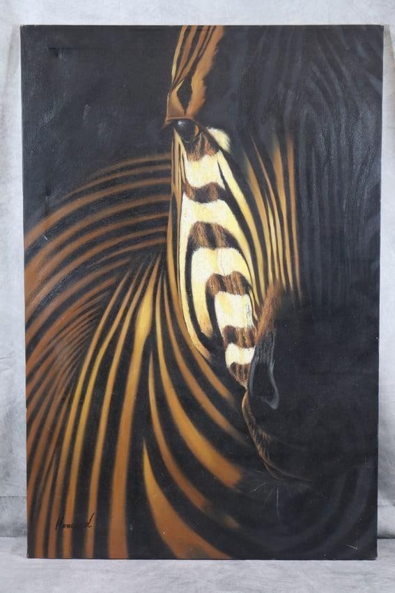 Zebra Oil Painting: Oil on canvas painting of an African Zebra signed by the artist "Howard" on bottom right Dimensions: H:36in L:24in