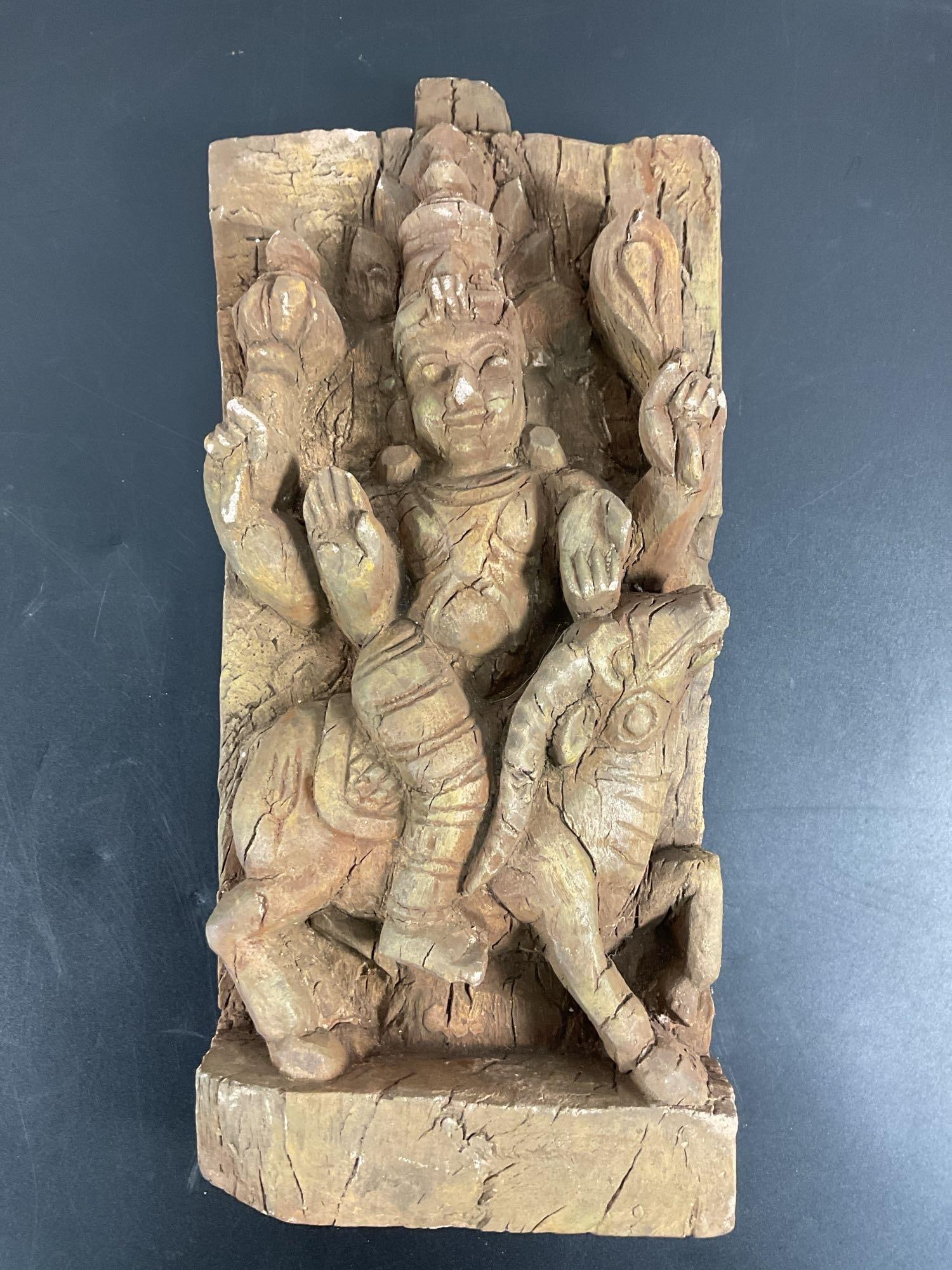 Antique Hand-Carved Hindu Deity Wooden Panel - Narasimha - Visnu (1 of 3)