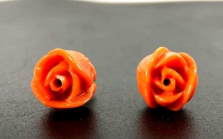 Antique 14K Gold & Carved Coral Rose Earrings