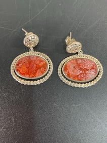 Vintage Sterling Silver & Red Coral Mosaic Earrings