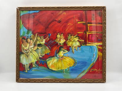 "Homage to Degas" Peter Max(German/American, b.1937) Oil on Canvas: Description: A dynamic and colorful interpretation of a ballet scene by renowned pop artist Peter Max. This piece captures ballerinas mid-rehearsal and performance, set against a vivid red and blue st