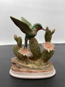 Vintage Hummingbird Porcelain Figurine with Cactus and Flowers - Model 7703