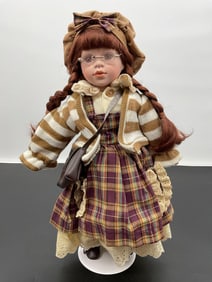 Porcelain Doll in Plaid Dress with Glasses