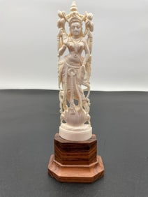 Carved Hindu Goddess Figurine on Wooden Base