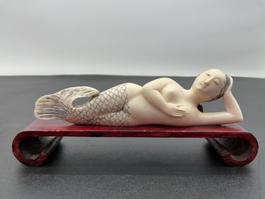 Reclining Mermaid Figurine on Wooden Stand