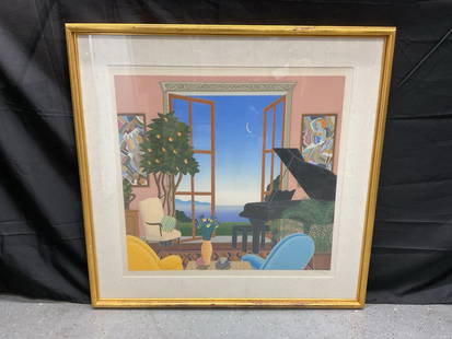 "Coconut Grove" by Thomas Mcknight(American, b.1941) Serigraph: Description: A stylish and serene interior scene by Thomas Mcknight, titled " Coconut Grove" featuring a grand piano beside an open window that overlooks a tranquil seascape at dusk. The room