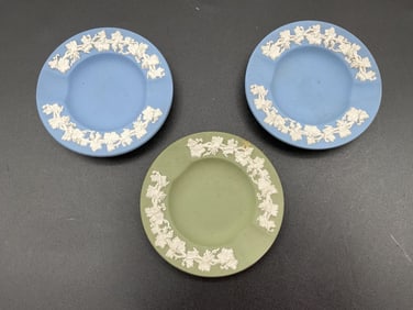Three Wedgwood Jasperware Blue Ashtrays with Grape Vine Motif (2 blue 1 green)