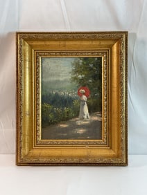 Impressionist Landscape with Woman and Red Parasol in Ornate Gold Frame