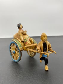 Vintage Japanese Cold-Painted Bronze Rickshaw / Geisha Figurine