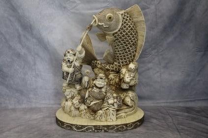 Oriental Hand Carved Turtle with Fishermen