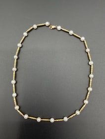 Tin Cup Style Pearl and Gold-Tone Necklace