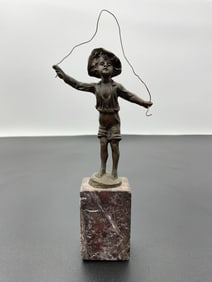 Vintage Bronze Figurine of a Boy with a Whip on Marble Base