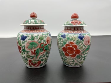 Pair of Chinese Famille Verte Porcelain Jars with Lids