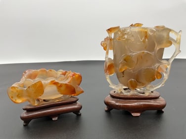 Chinese Agate Brush Washers with Leaf Motif and Wooden Stands