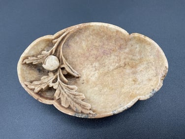 Vintage Carved Alabaster Dish with Leaf and Acorn Motif