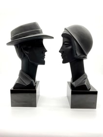 1988 Austin Productions "Fisher" Cubist-Style Male and Female Bust Sculptures