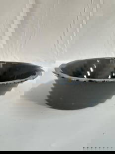 Tube Cake Pan Round Grey - Graniteware - Box 1 - Photo 3: A vintage gray graniteware (enamelware) bundt or tube cake mold with a central tube for even baking. This utilitarian piece features a speckled enamel coating, a hallmark of early to mid-20th-century