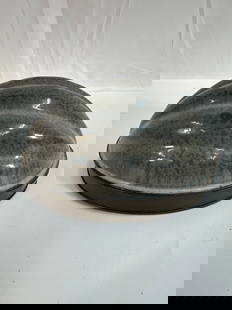 Scallop Mold Grey With Handled Cover - Graniteware Box 1 - Photo 1: A vintage gray graniteware (enamelware) mold in the shape of a scallop or ridged dome, commonly used for baking, gelatin, or aspic dishes. Featuring a distinctive speckled enamel finish, this piece