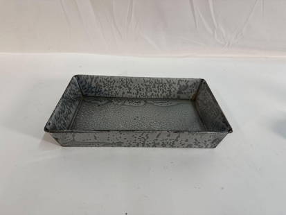 Antique Rectangular Bread Pan Grey Medium Mottled Envelope Ends - Box 1 - Photo 2: This vintage rectangular baking pan is made of gray swirled graniteware, a durable enamel-coated metal popular in kitchens during the late 19th and early 20th centuries. The pan features a simple,
