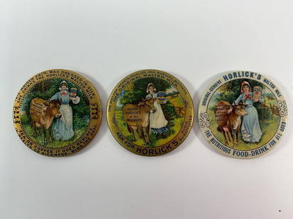 Lot of 3 Malted Milk Pocket Mirrors - Box 17: A set of three vintage advertising pocket mirrors for Horlick’s Malted Milk, featuring colorful lithographed images of a Victorian-era mother and child. These promotional mirrors were likely used