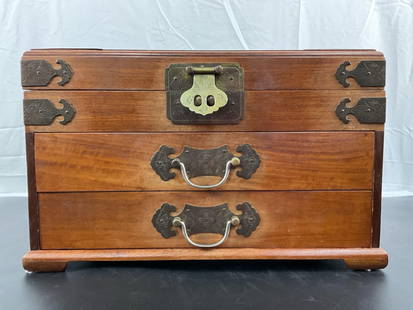 Antique Chinese Wooden Jewelry Box with Brass Hardware: This vintage Chinese jewelry box is crafted from wood with ornate brass fittings and a traditional latch closure. The box features two pull-out drawers and a hinged top compartment, all lined with