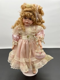 Porcelain Doll in Pink Satin and Lace Dress