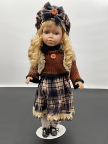 Porcelain Doll in Autumn Plaid Outfit with Teddy Bear