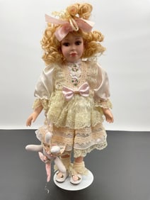Porcelain Doll in Lace Dress with Plush Bunny