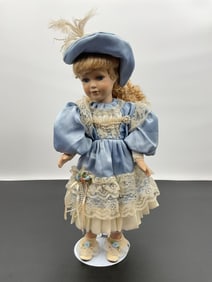Porcelain Doll in Blue Satin and Lace Dress with Bonnet