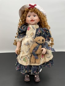 Porcelain Doll with Curly Hair and Teddy Bear