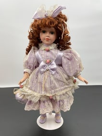 Porcelain Doll in Lavender Victorian Dress with Purse