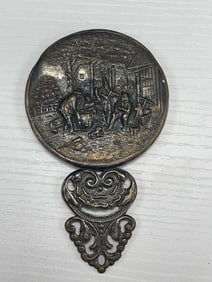 Vintage Hans  Jensen Dutch Brass Hand Mirror with Tavern Scene