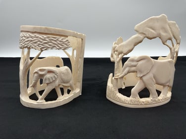 Pair of Carved African Wildlife Tusks