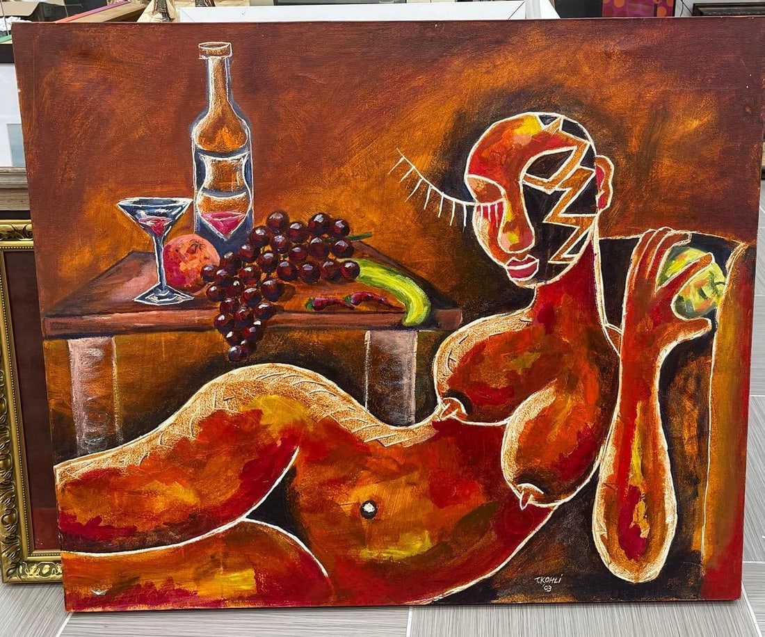 Thembinkosi Kohli (South Africa, b.1985) Oil on Canvas: This bold and expressive acrylic painting, by South African artist, Thembinkosi Kohli, portrays a reclining nude woman with stylized, tribal-influenced facial features. The figure is set against a dee