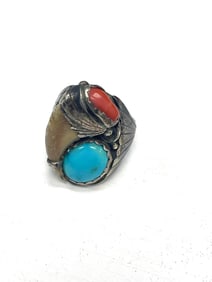 Vintage Navajo Sterling Silver Ring with Turquoise and Coral
