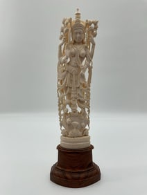 Hand-Carved Hindu Goddess Sculpture on Wooden Base