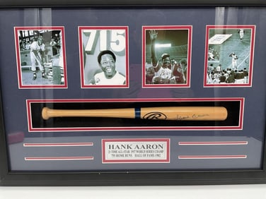 Hank Aaron Signed Baseball Bat Display with COA