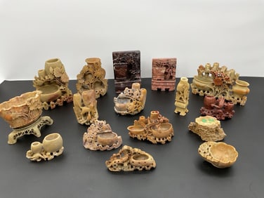 Collection of Antique Chinese Soapstone Brush Washers and Vases