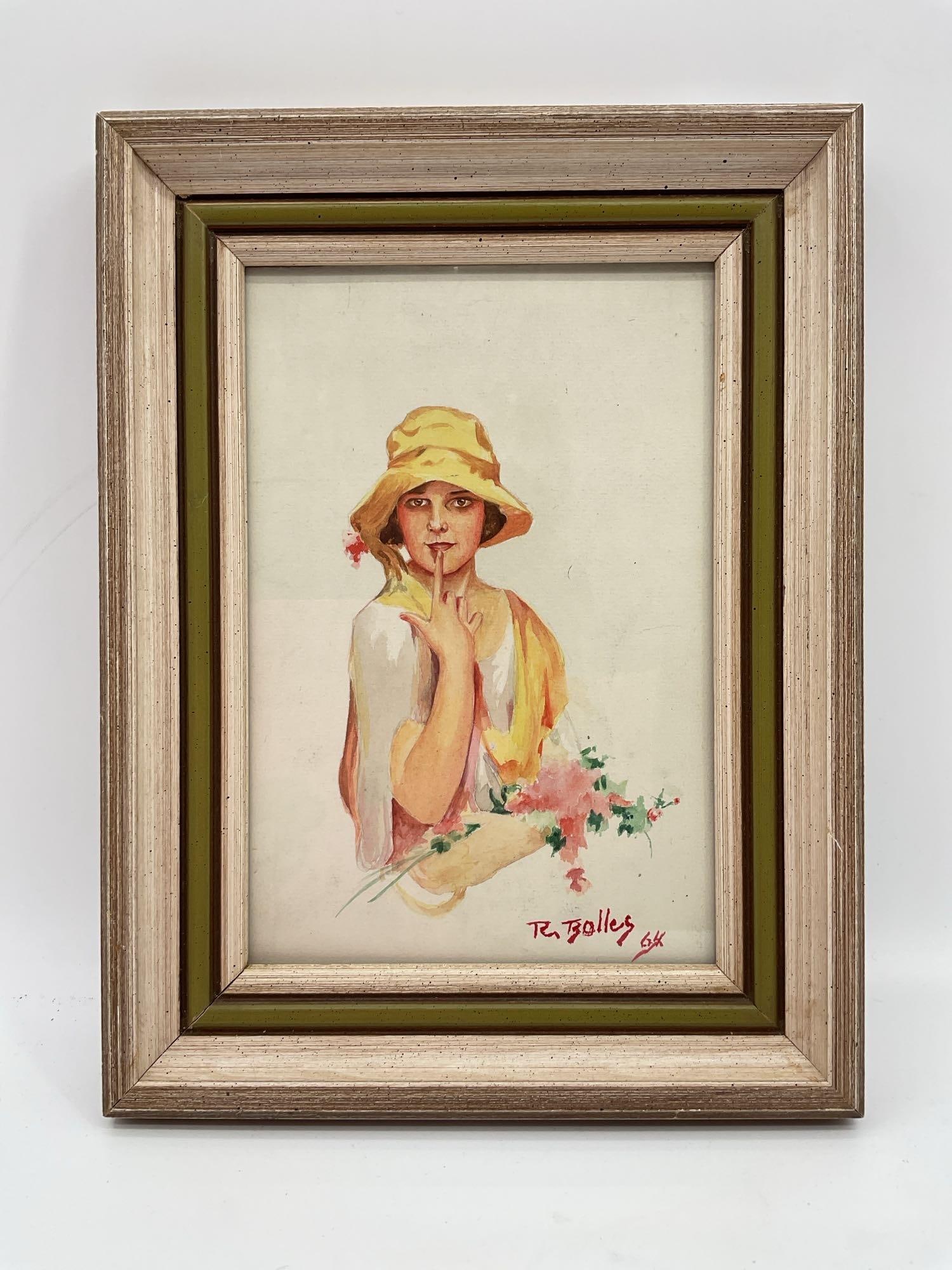 Reginald Bolles (American, 1877-1967) Watercolor, Signed: Description: A charming portrait of a young girl wearing a yellow cloche-style hat and holding a finger to her lips in a playful "shhh" gesture. She is rendered in soft watercolor tones with d