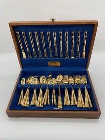 24K Gold Plated Rebacraft Japanese Stainless Bamboo Handle Flatware Set in Case