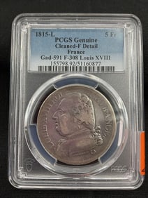 PCGS 5 FRANCS 1815 SILVER COIN LOUIS XVIII