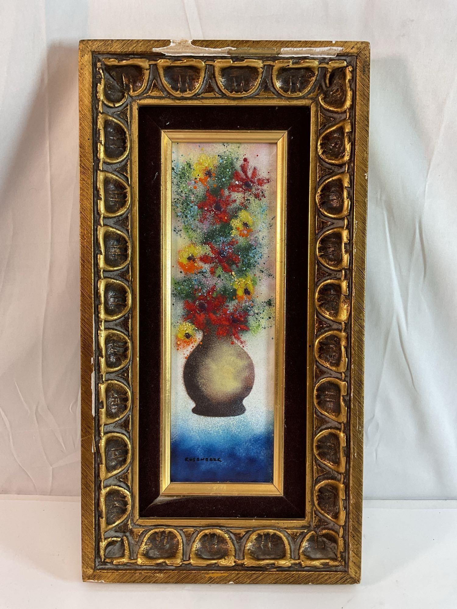 Still life by Moishe Rosenberg (American) Enamel on Copper: Description: This is a vertical hand-painted artwork by Jewish American artist Moishe Rosenberg, depicting a decorative vase with vibrant red and yellow flowers cascading outward, set against a deep b