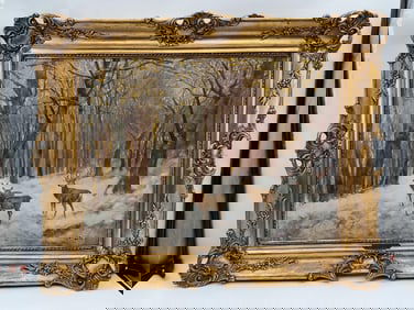 Deer in a Snowy Forest, Signed Olgyay F 1872-1929