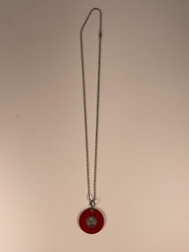 Silver Ball Chain Necklace with Red Disc Pendant
