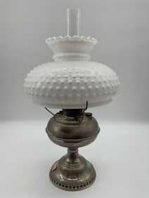 Antique Hurricane Lamp with Hobnail Milk Glass Shade