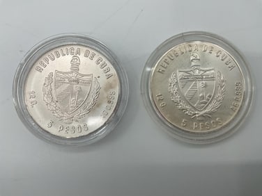 Pair of Cuban 5 Pesos . 999 Silver Coins