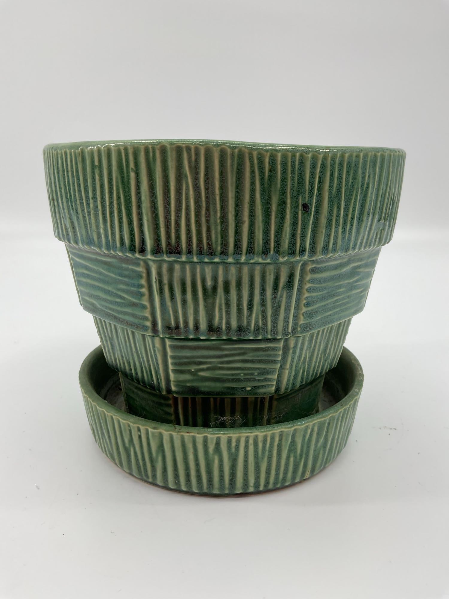 McCoy Pottery Green Textured Flower Pot with Saucer (1 of 4)