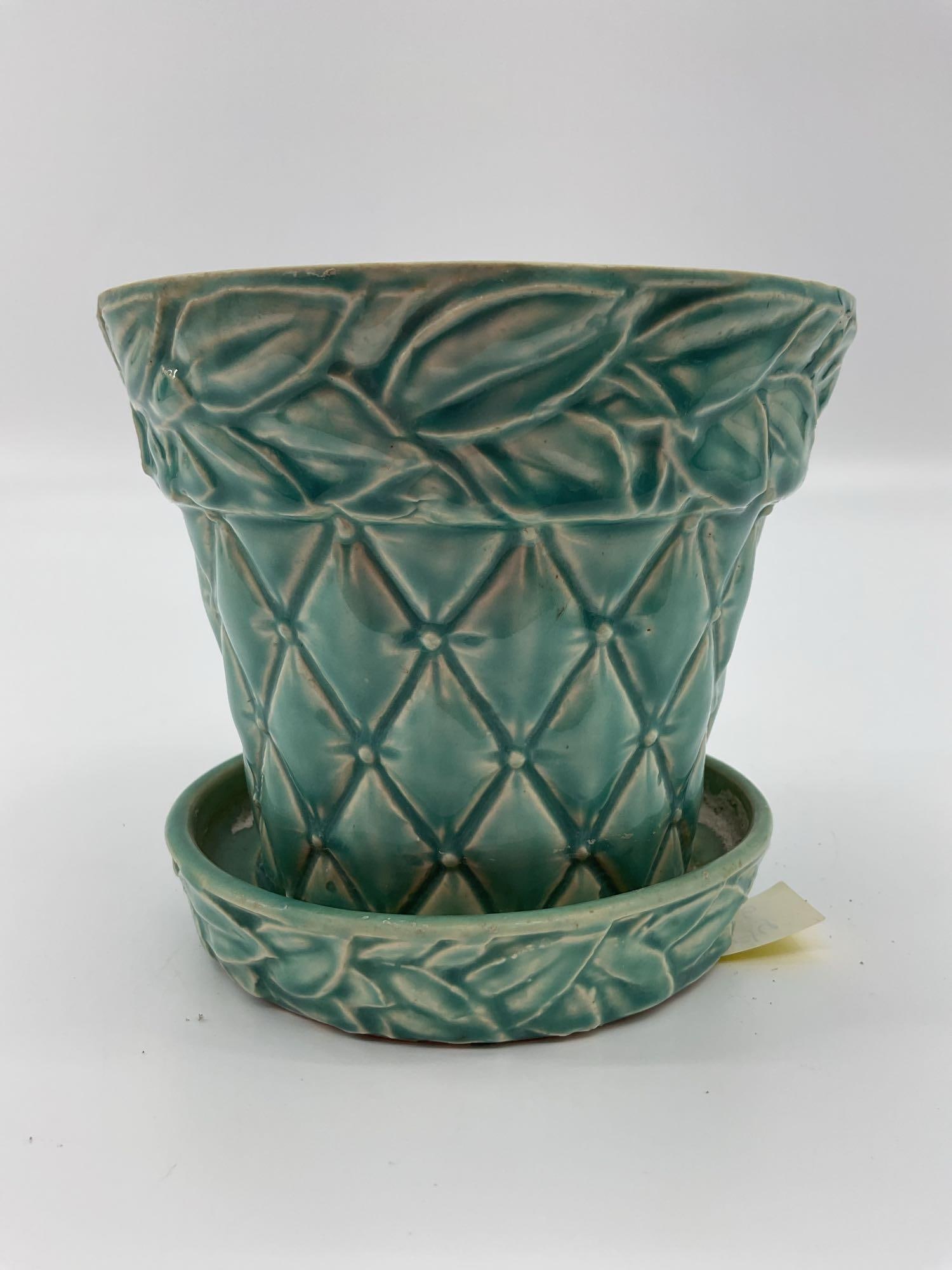 McCoy Pottery Turquoise Flower Pot with Saucer (1 of 4)